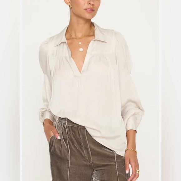 Brochu walker satin cream ruffle trim sleeve button down blouse nwot - Picture 1 of 6